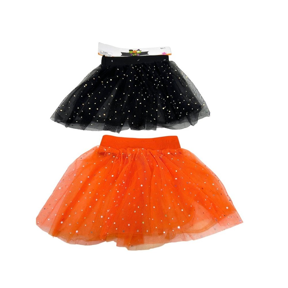 Girl’s Halloween Tutus Skirts Set of 2 Orange Black Fits 3T -5T Sequins Elastic